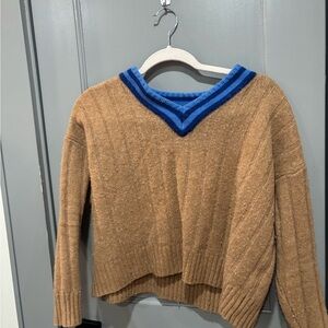 V-Neck Tan and Blue Women's Sweater